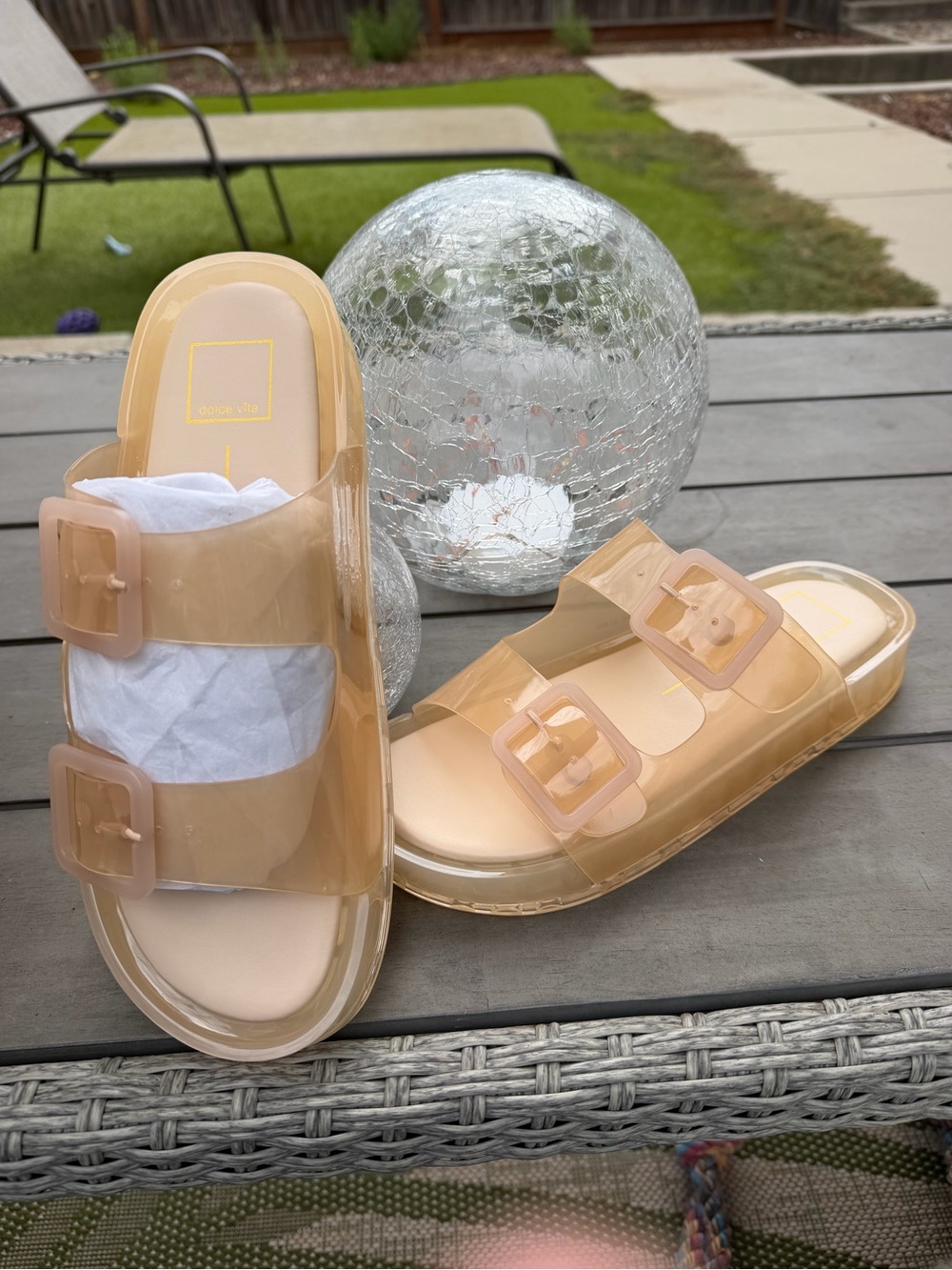 Dolce Vita Nude Tan Transparent Buckle Slide Sandals - Picture 2 of 3